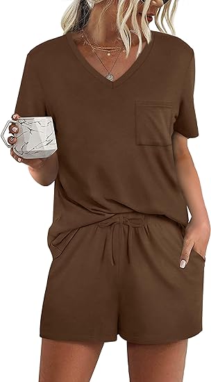 RUBZOOF Women's Short Sleeve Pajama Sets with Pockets Casual V Neck 2 