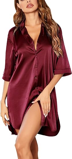 Aringap Women's Satin Nightshirt Button Down Sleepshirt Silk 3/4 Sleeve Nightgown Boyfriend Notch Collar Sleepwear
