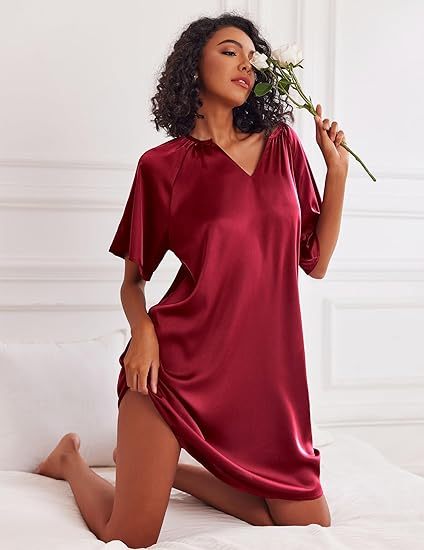 Women's Satin Nightgown Short Sleeve Silk Sleepshirt V Neck Sleepwear 