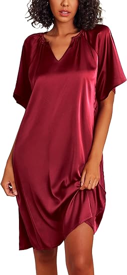 Aringap Women's Satin Nightgown Short Sleeve Silk Sleepshirt V Neck Sleepwear Boyfriend Loose Nightshirt