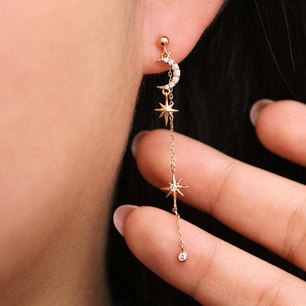 Cubic Moon Drop Chain Earrings