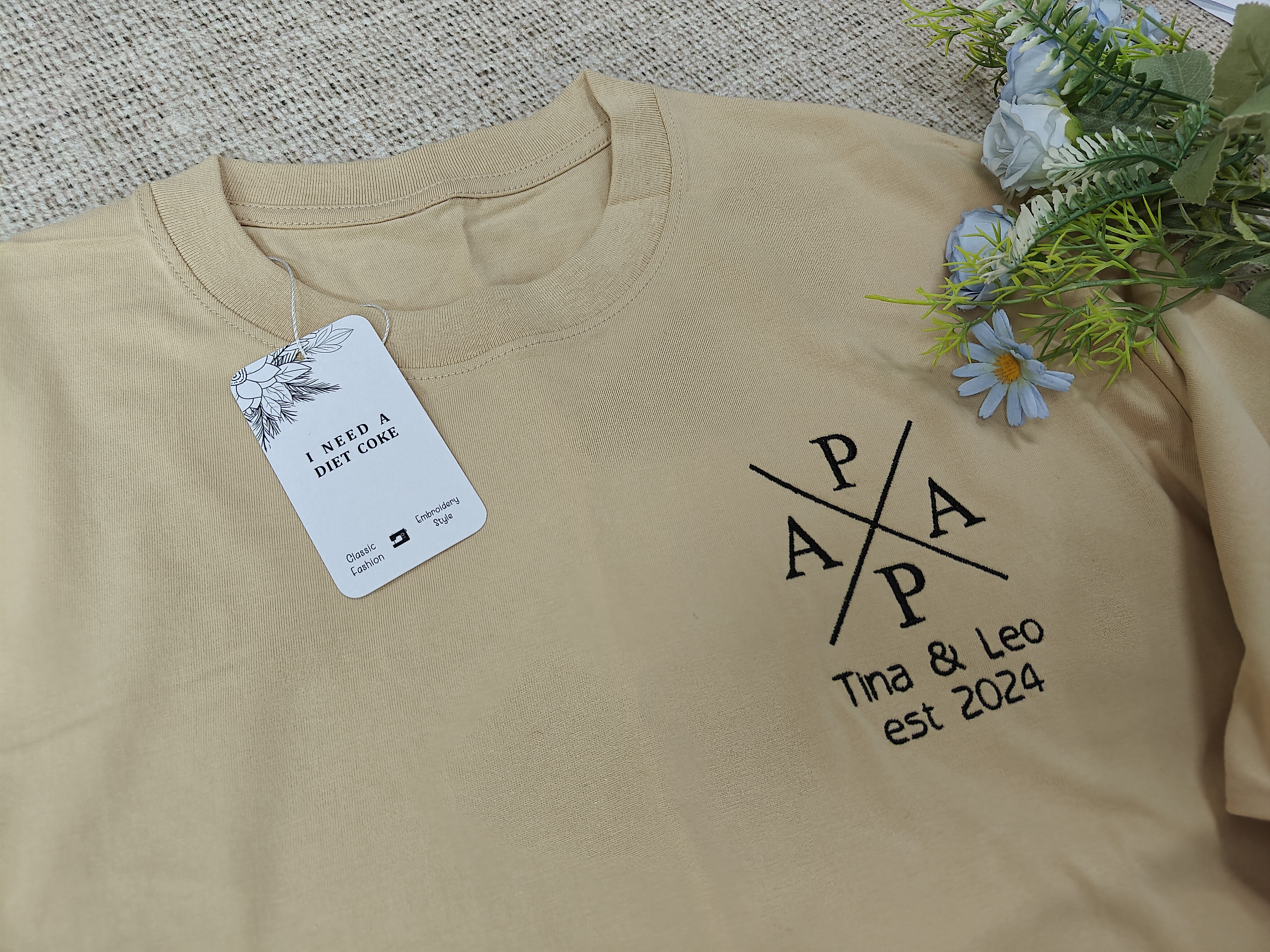 I Need A Diet Coke Custom Embroidered PAPA Est Year T-shirt with Kids Name