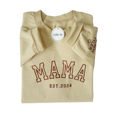 Gifts-in Custom Embroidered Mama Sweatshirt With Kids Names & Heart On Sleeve