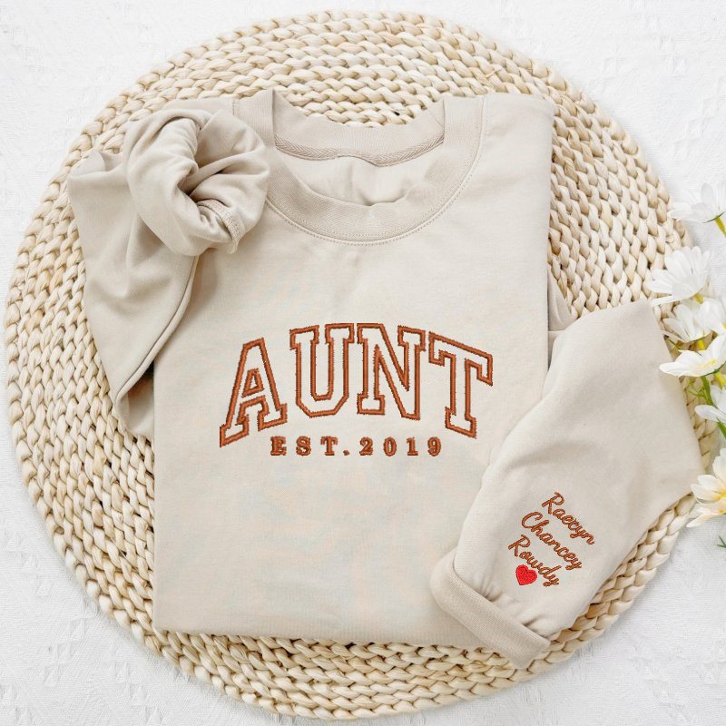 Custom Embroidered Auntie EST Sweatshirt for New Born Gift