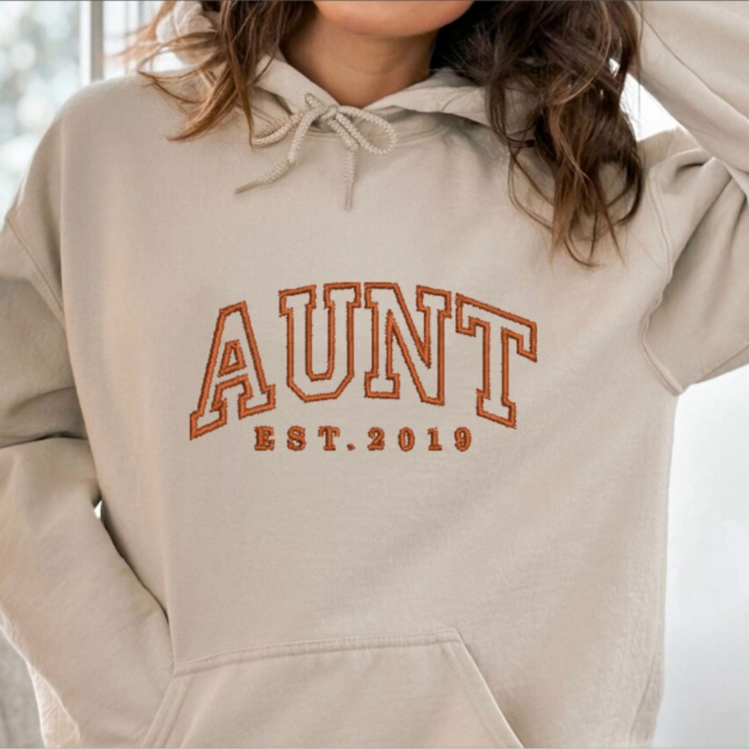 Custom Embroidered Auntie EST Sweatshirt for New Born Gift