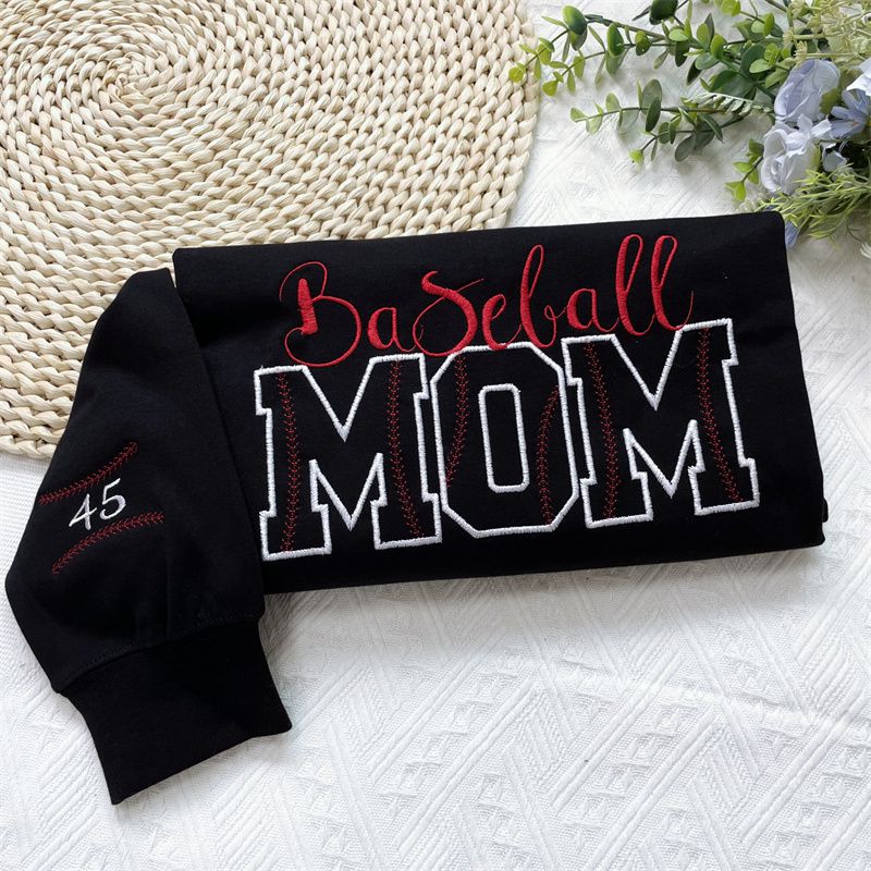 Custom Embroidered Baseball Mom Sweatshirt With Team Number On Sleeve