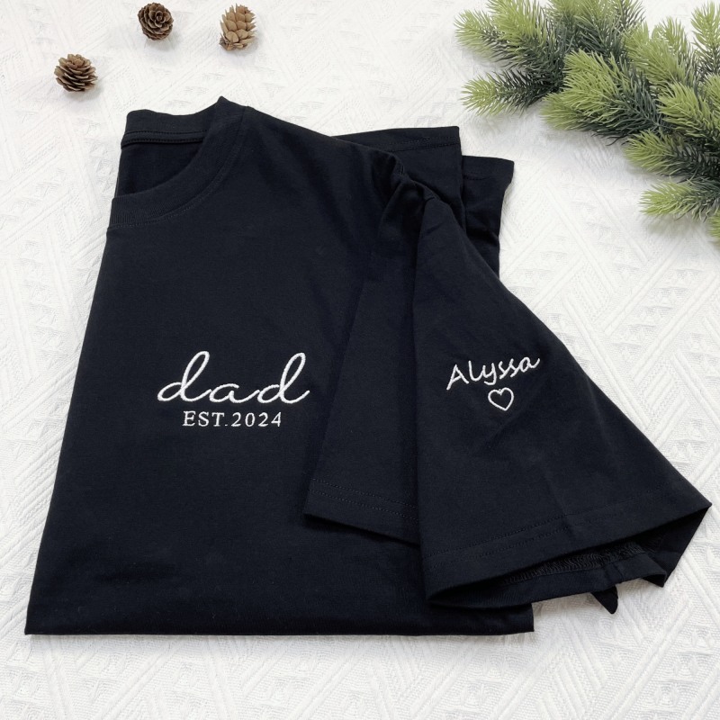 Custom Embroidered Dad Est Year T-shirt with Name on Sleeve 