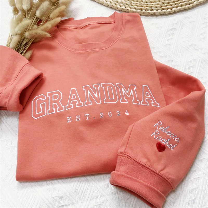 Custom Embroidered Grandma Sweatshirt With Kids Names & Heart On Sleeve