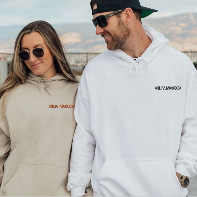 Custom Embroidered Initials & Date Matching Couple Hoodies