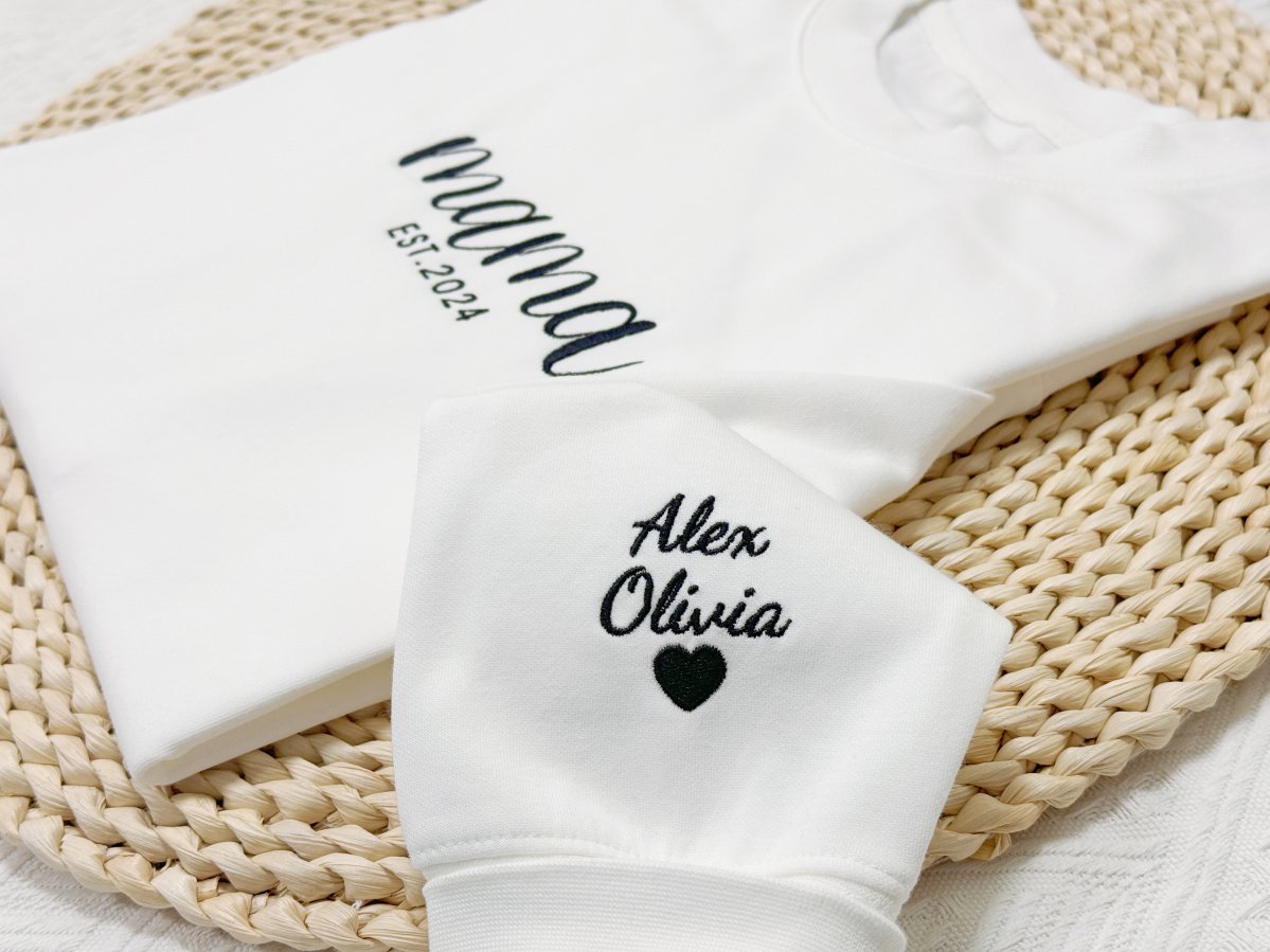 Custom Embroidered Mama Sweatshirt With Kids Names & Heart On Sleeve