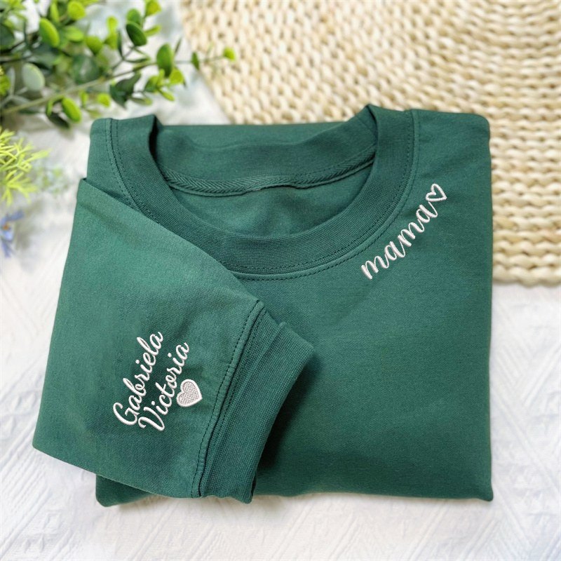 Custom Embroidered Mama Sweatshirt with Kid Names on Sleeve