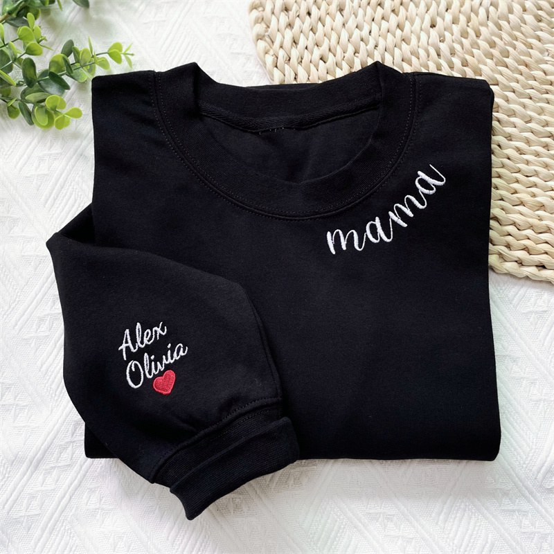 Custom Embroidered Mama on Collar Sweatshirt with Kid Names on Sleeve