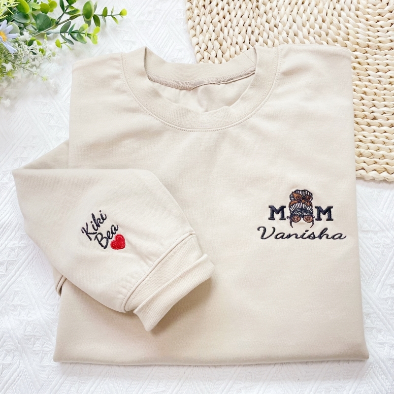 Custom Embroidered Mom Sweatshirt With Kids Names & Heart On Sleeve