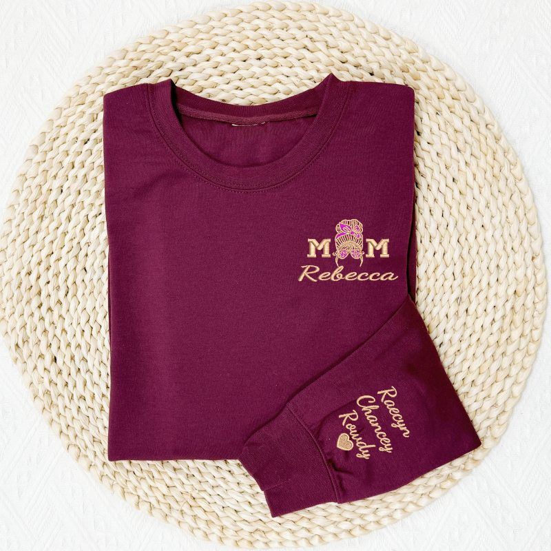 Custom Embroidered Mom Sweatshirt With Kids Names & Heart On Sleeve