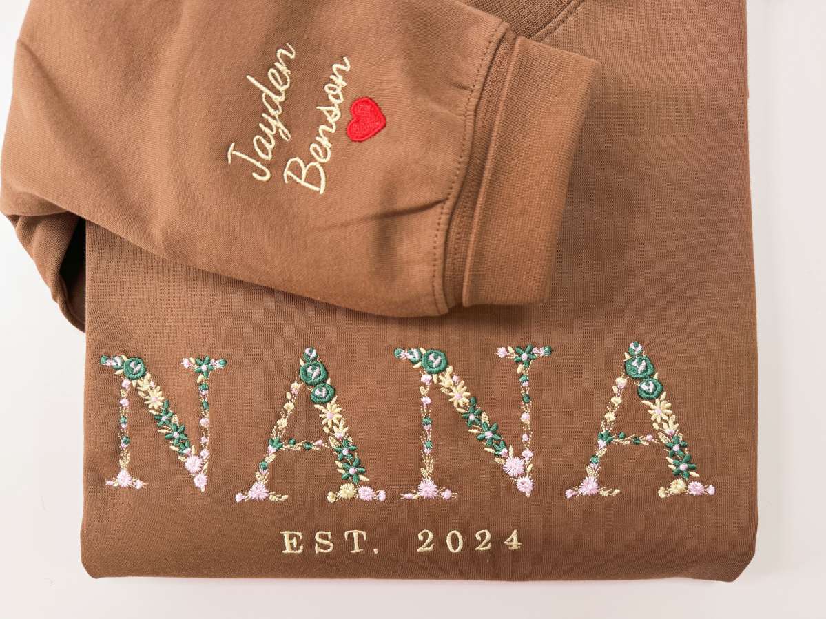 Custom Embroidered NANA Sweatshirt With Kids Names & Heart On Sleeve