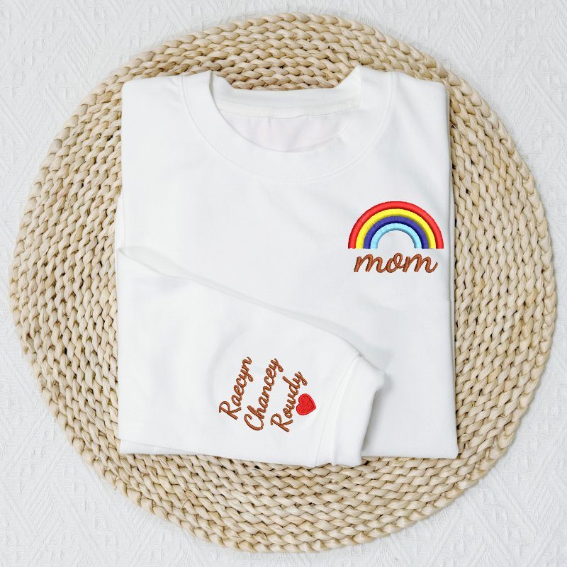 Custom Embroidered Rainbow Mama Sweatshirt with Kids Names on Sleeve