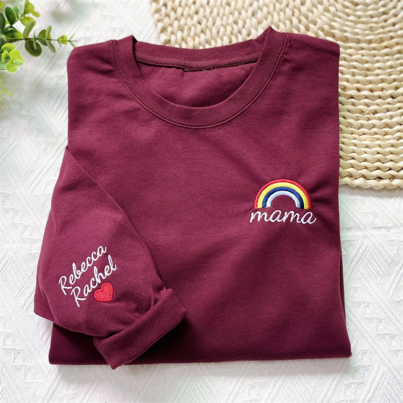 Custom Embroidered Rainbow Mama Sweatshirt with Kids Names on Sleeve