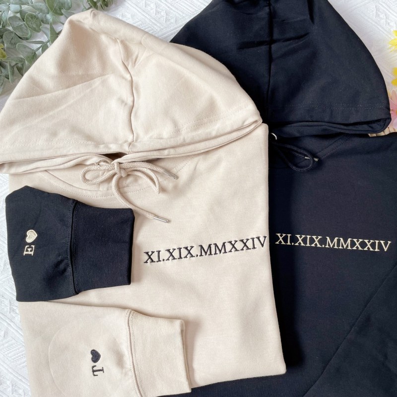 Custom Embroidered Roman Numerals Matching Couple Hoodies
