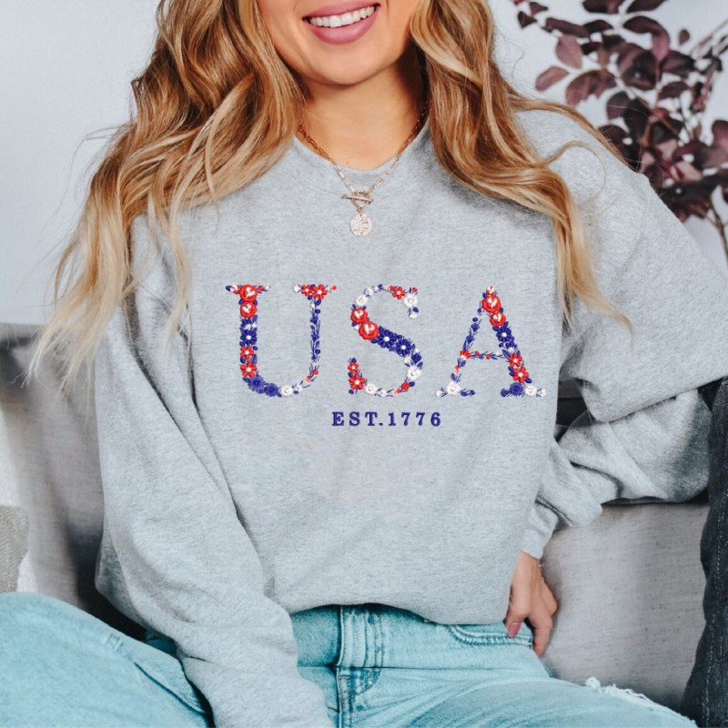 Custom Embroidered USA Sweatshirt Floral Letter