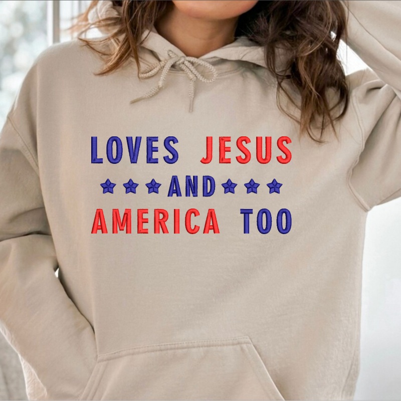 Embroidered Loves Jesus and America Too Sweatshirt