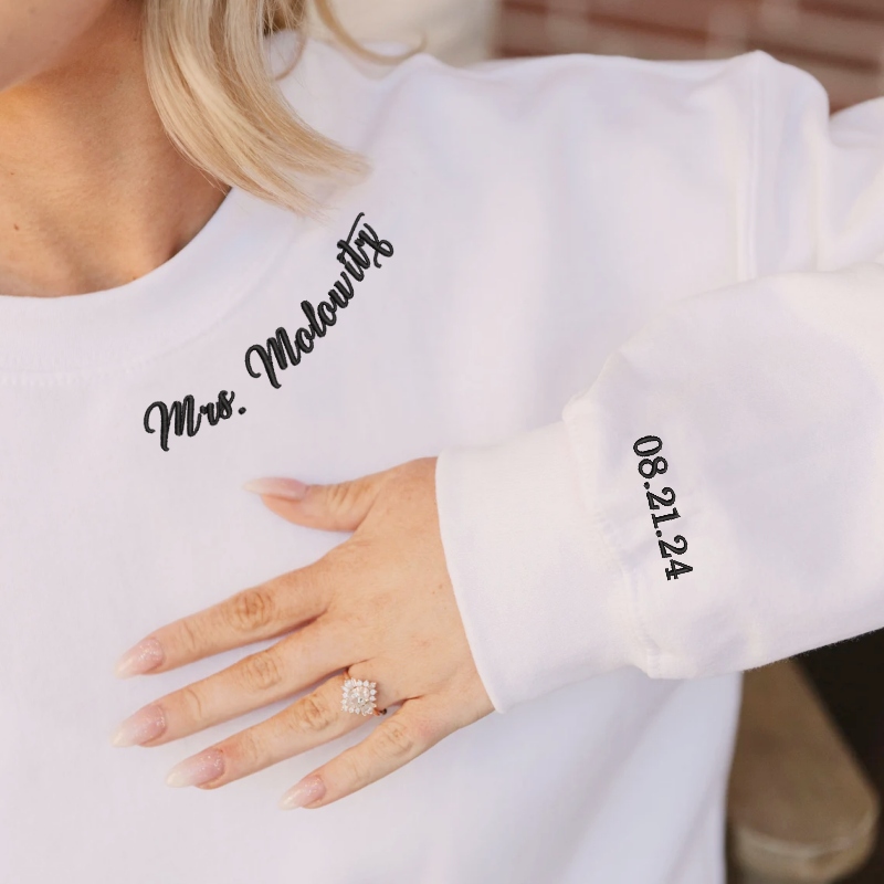 Embroidered Mrs. Sweatshirt with Wedding Date On Sleeve, Bride Sweatshirt