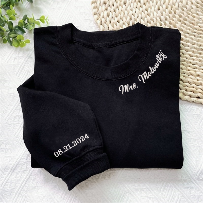 Embroidered Mrs. Sweatshirt with Wedding Date On Sleeve, Bride Sweatshirt