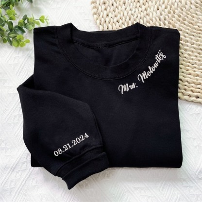 Embroidered Mrs. Sweatshirt with Wedding Date On Sleeve, Bride Sweatshirt