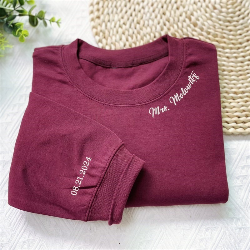 Embroidered Mrs. Sweatshirt with Wedding Date On Sleeve, Bride Sweatshirt