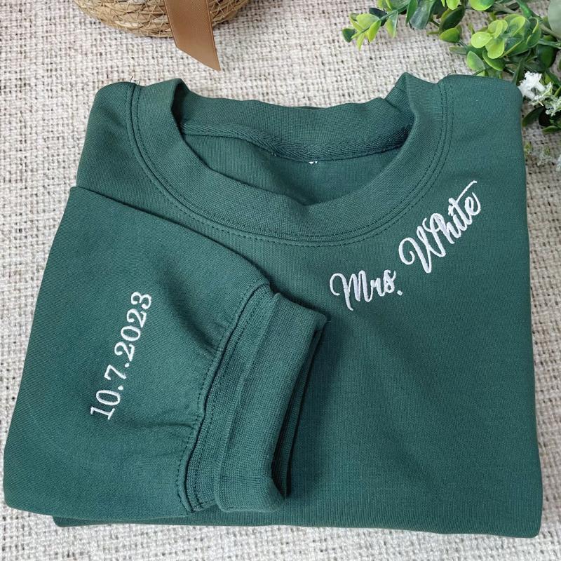 Embroidered Mrs. Sweatshirt with Wedding Date On Sleeve, Bride Sweatshirt