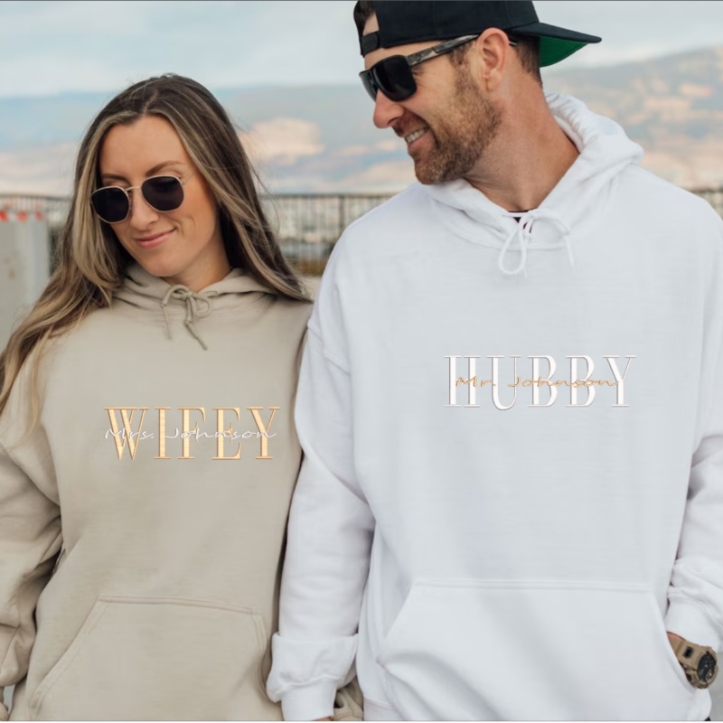 Embroidered Wifey and Hubby Sweatshirts with Date on Sleeve