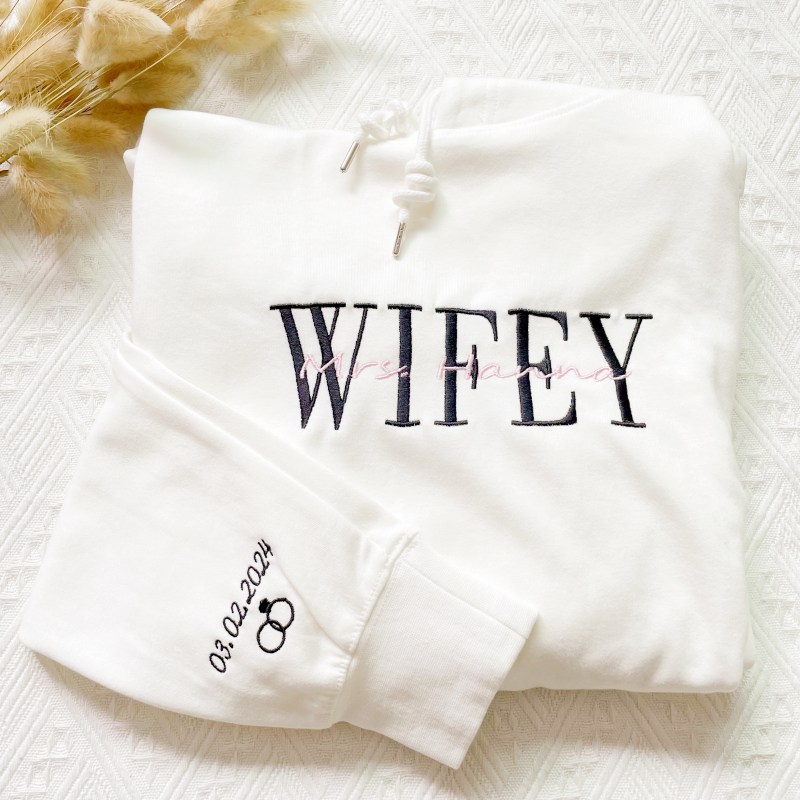 Embroidered Wifey and Hubby Sweatshirts with Date on Sleeve