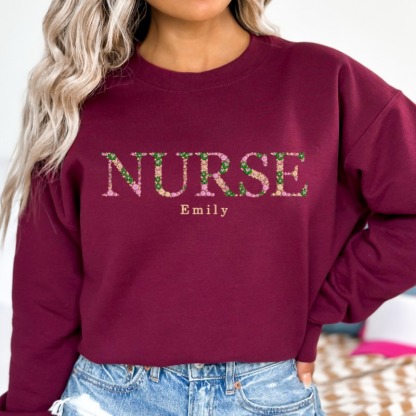 Custom Embroidered Nurse Sweatshirt with Floral Letter