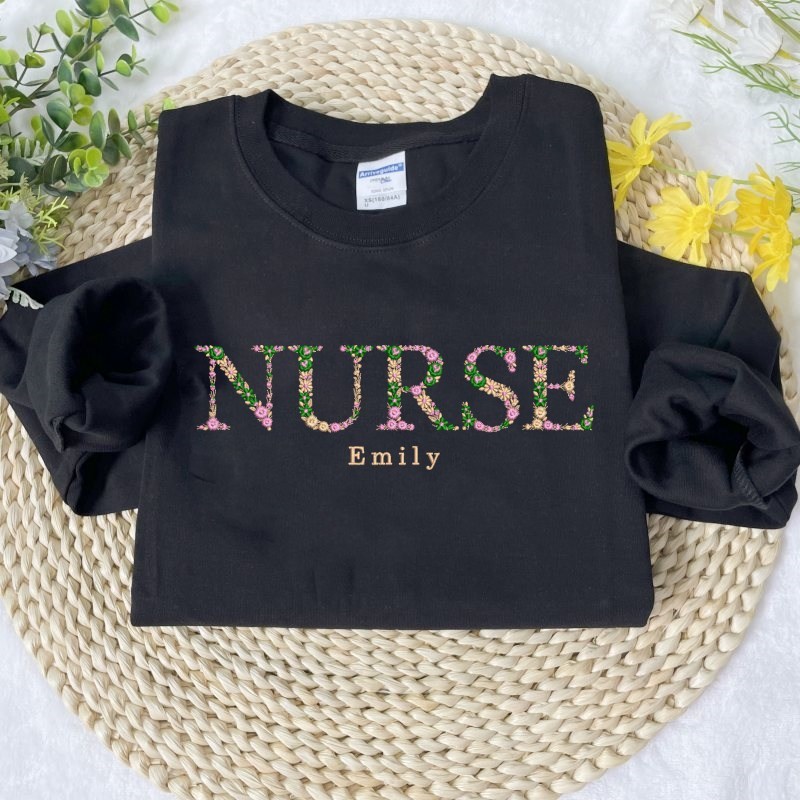 Custom Embroidered Nurse Sweatshirt with Floral Letter