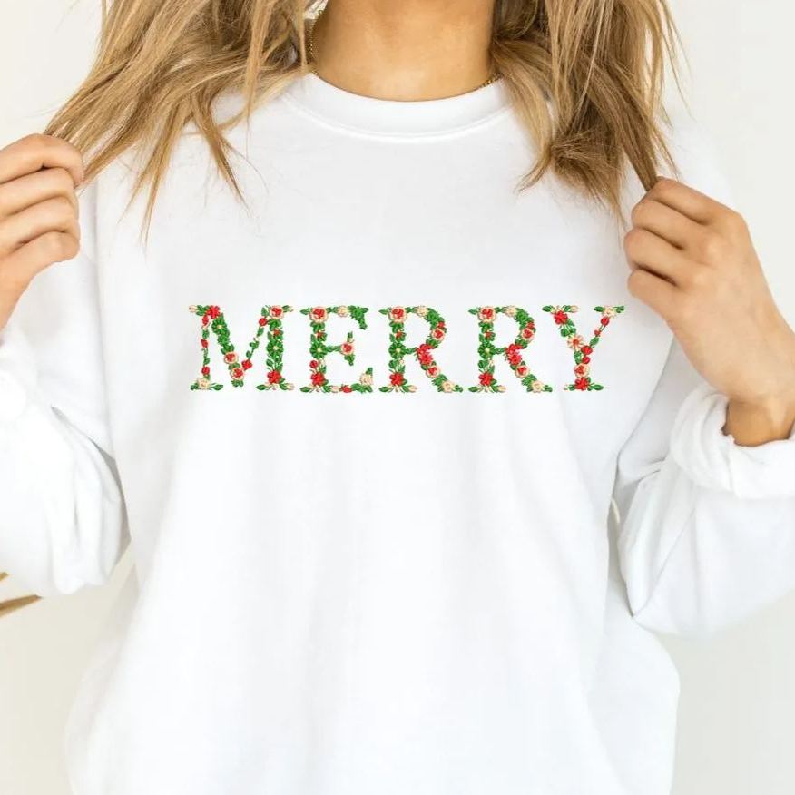 Custom Embroidered Merry Christmas Sweatshirt with Flower Letters