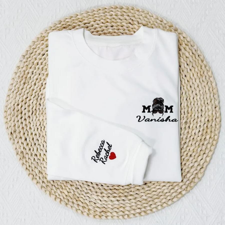 Custom Embroidered Mom Sweatshirt With Kids Names & Heart On Sleeve