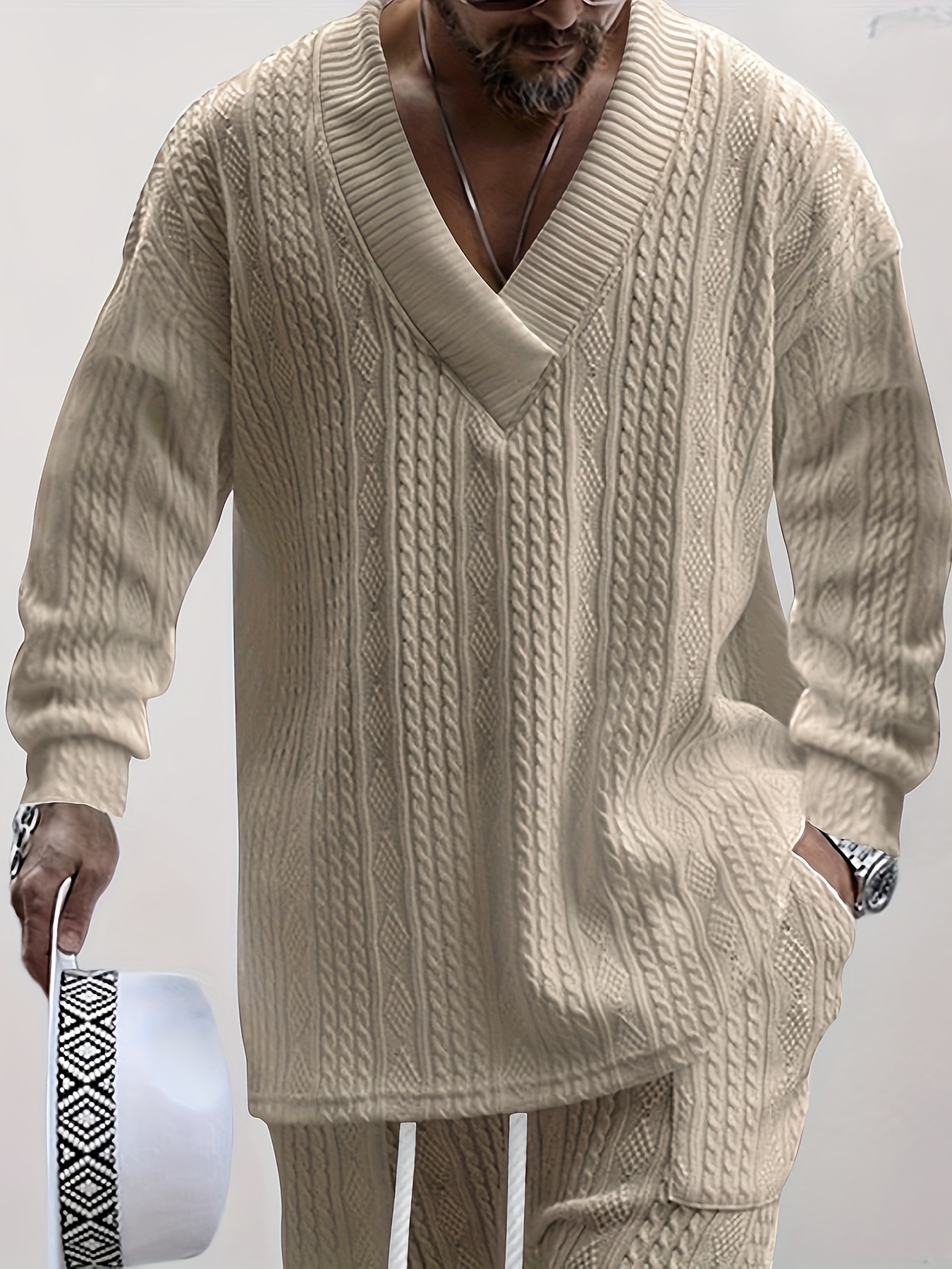 Πουλόβερ με πλεκτό καλώδιο από βαμβάκι, άνετο ζεστό ελαφρώς τεντωμένο πουλόβερ V για άνδρες, φθινόπωρο χειμώνα