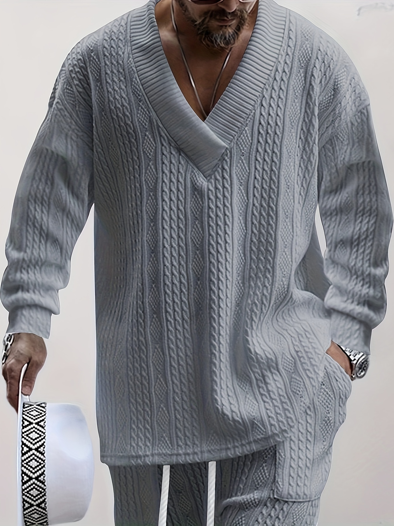 Πουλόβερ με πλεκτό καλώδιο από βαμβάκι, άνετο ζεστό ελαφρώς τεντωμένο πουλόβερ V για άνδρες, φθινόπωρο χειμώνα