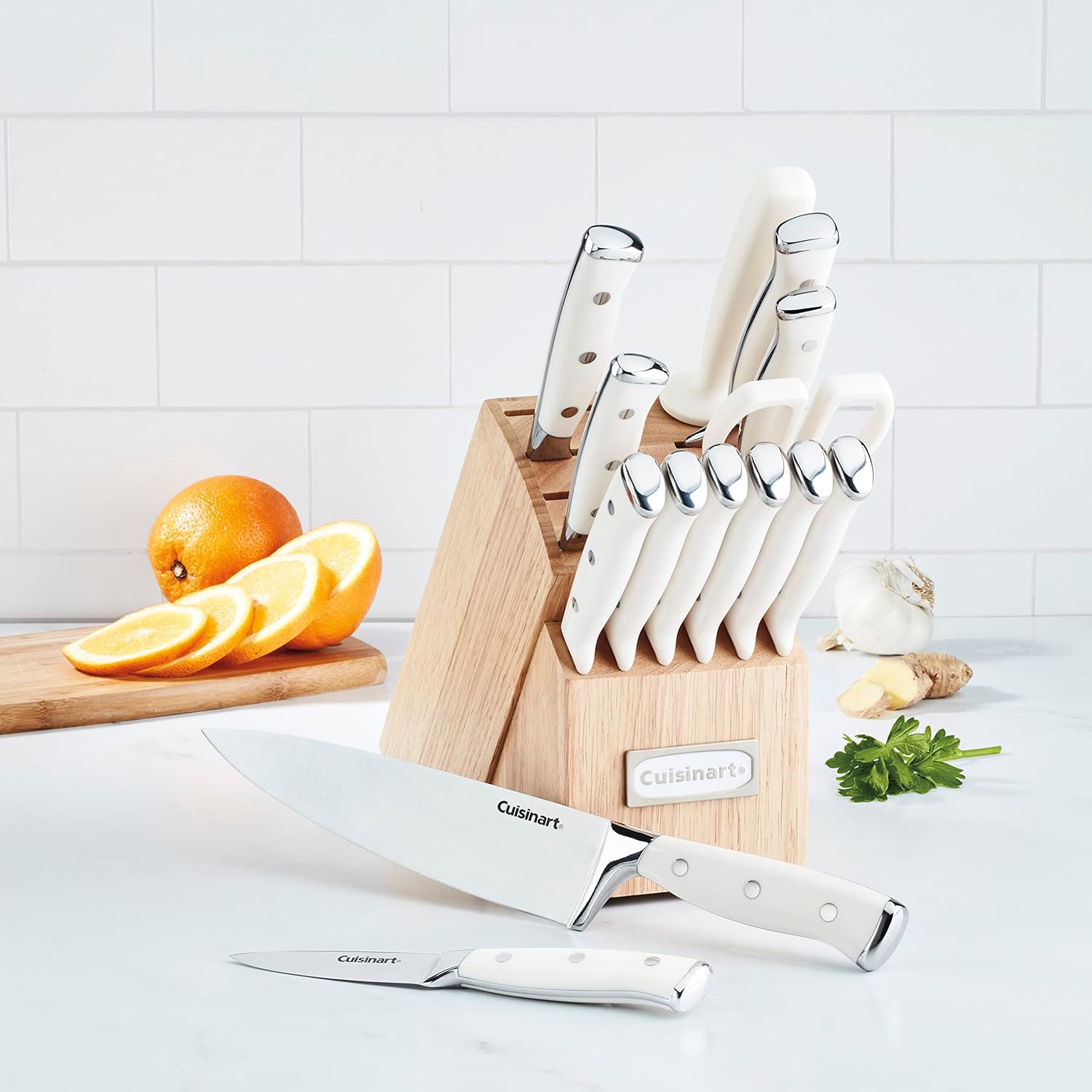 Cuisinart 15-Piece Knife Set with Block, High Carbon Stainless Steel, Forged Triple Rivet, White, C77WTR-15P