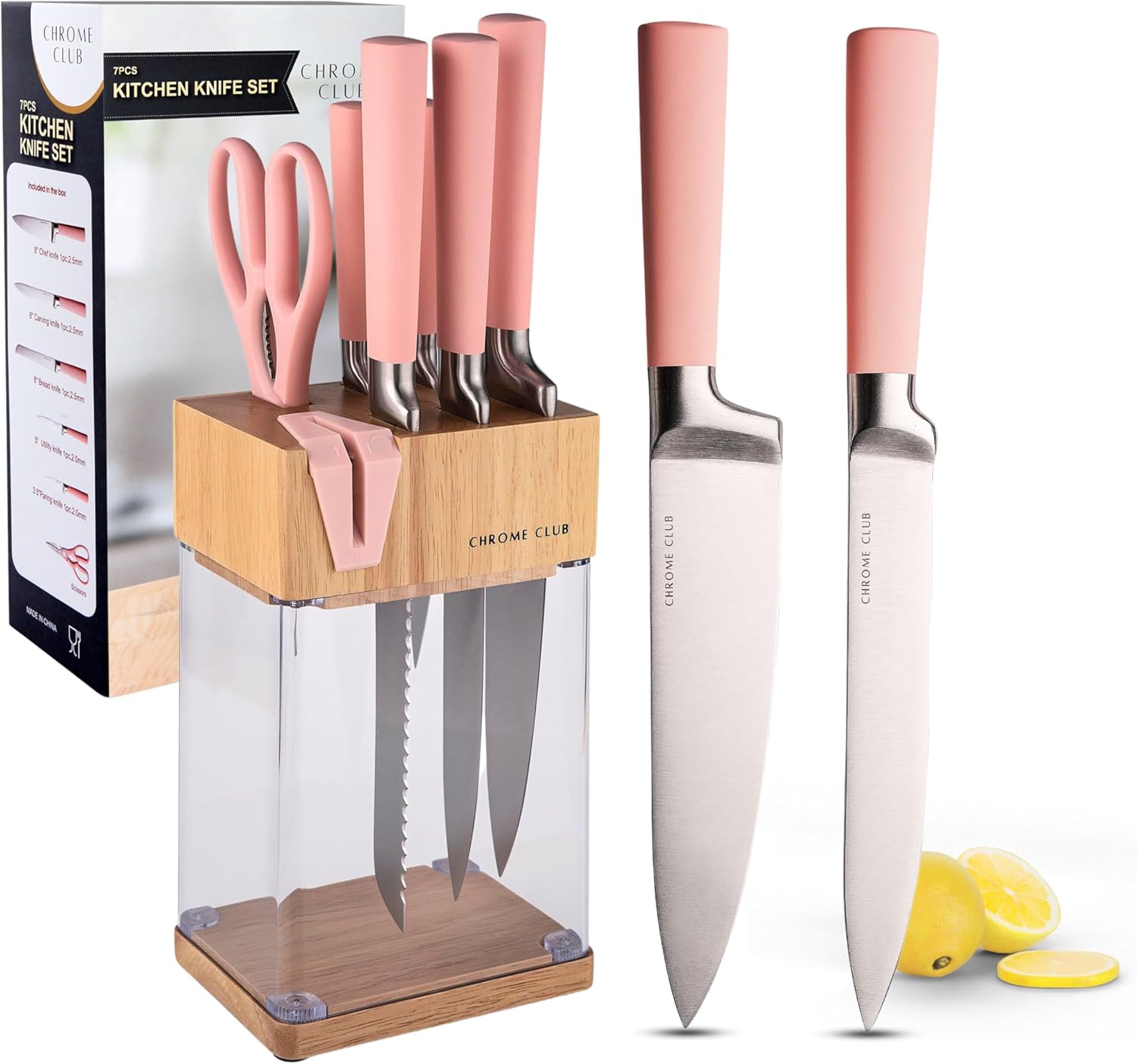Σετ ροζ μαχαιριών με μπλοκ - Σετ 7 ροζ μαχαιριών κουζίνας με ανθεκτικό διάφανο μπλοκ μαχαιριών και ξύστρα - Ζωντανά ροζ μαχαίρια με ροζ ψαλίδι κουζίνας και μαντηλάκι καθαρισμού