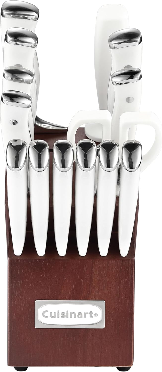 Cuisinart 15-Piece Knife Set with Block, High Carbon Stainless Steel, Forged Triple Rivet, White, C77WTR-15P