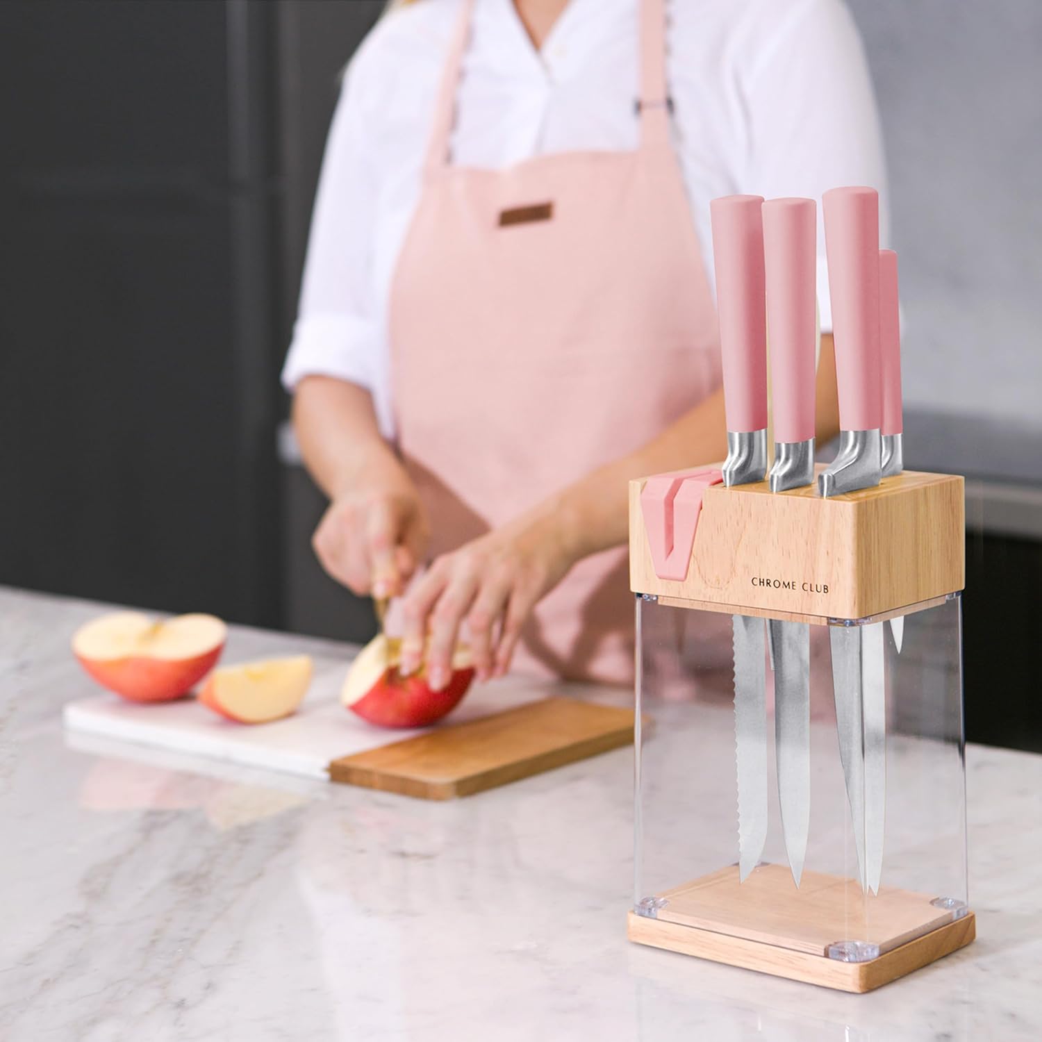 Σετ ροζ μαχαιριών με μπλοκ - Σετ 7 ροζ μαχαιριών κουζίνας με ανθεκτικό διάφανο μπλοκ μαχαιριών και ξύστρα - Ζωντανά ροζ μαχαίρια με ροζ ψαλίδι κουζίνας και μαντηλάκι καθαρισμού