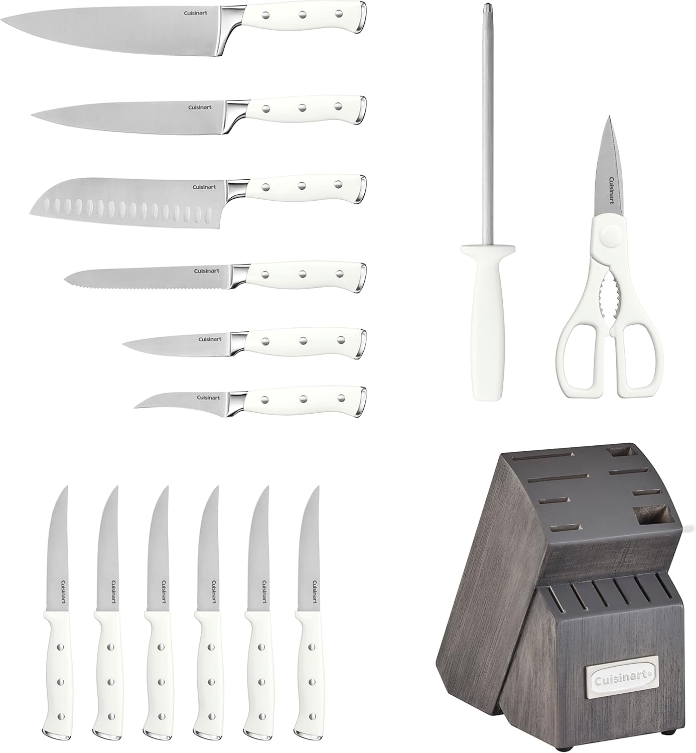 Cuisinart 15-Piece Knife Set with Block, High Carbon Stainless Steel, Forged Triple Rivet, White, C77WTR-15P