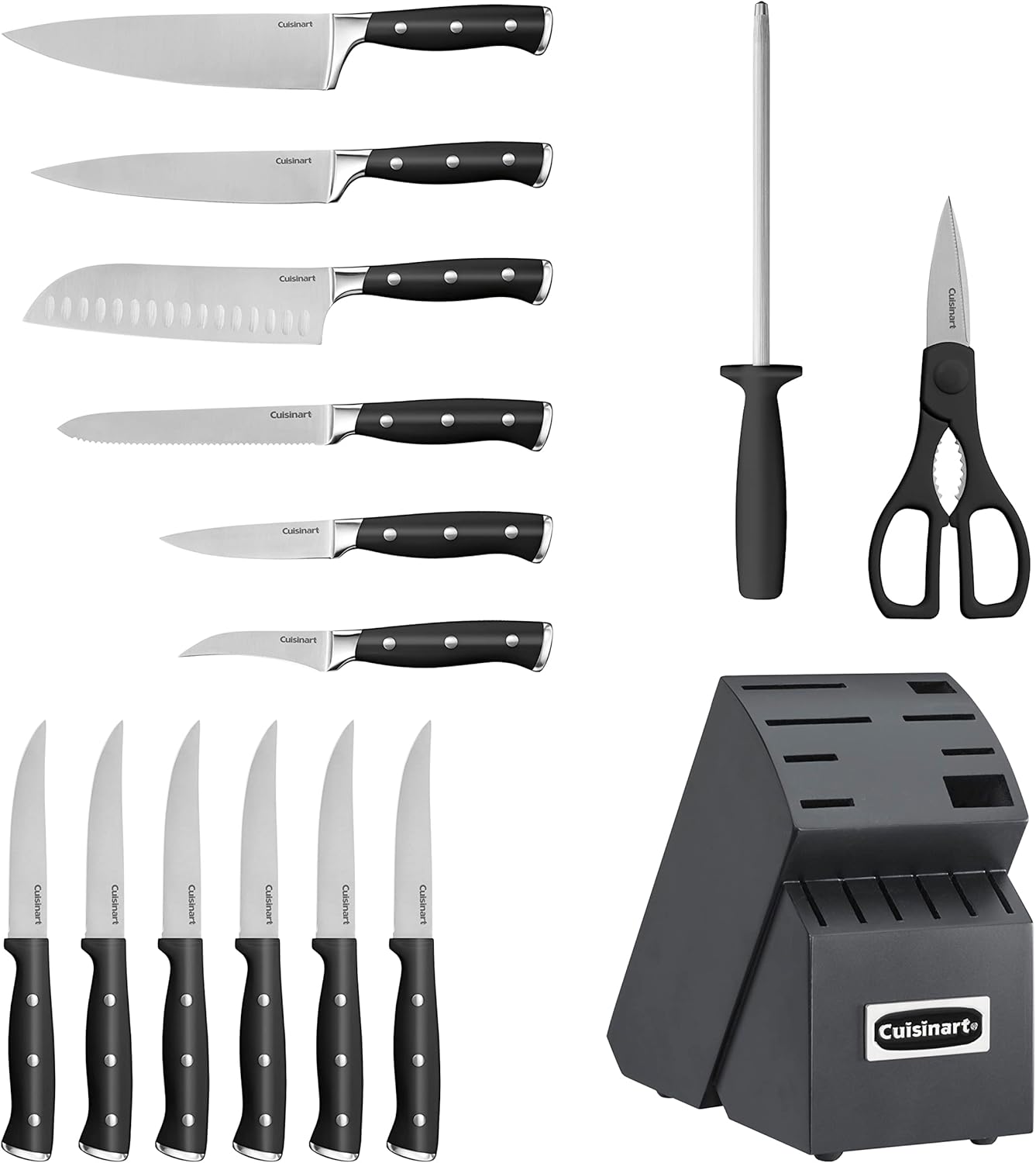 Cuisinart 15-Piece Knife Set with Block, High Carbon Stainless Steel, Forged Triple Rivet, White, C77WTR-15P