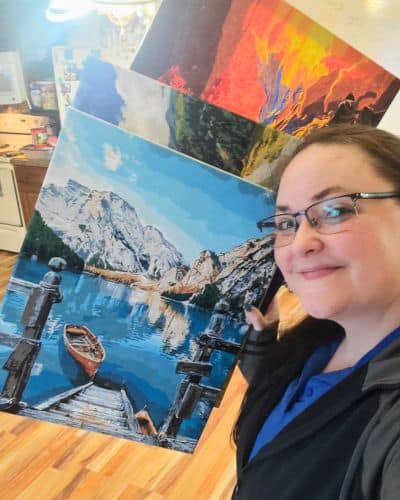 Ocean sunset paint by numbers artwork completed for stress relief