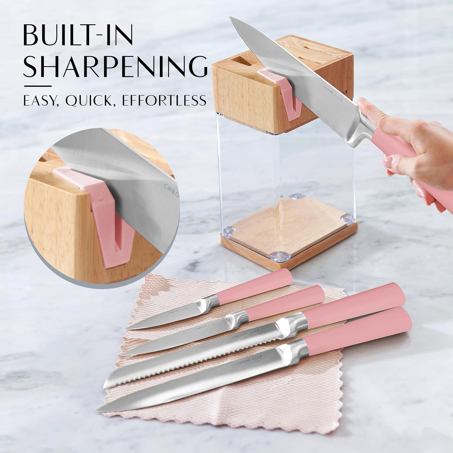 Σετ ροζ μαχαιριών με μπλοκ - Σετ 7 ροζ μαχαιριών κουζίνας με ανθεκτικό διάφανο μπλοκ μαχαιριών και ξύστρα - Ζωντανά ροζ μαχαίρια με ροζ ψαλίδι κουζίνας και μαντηλάκι καθαρισμού