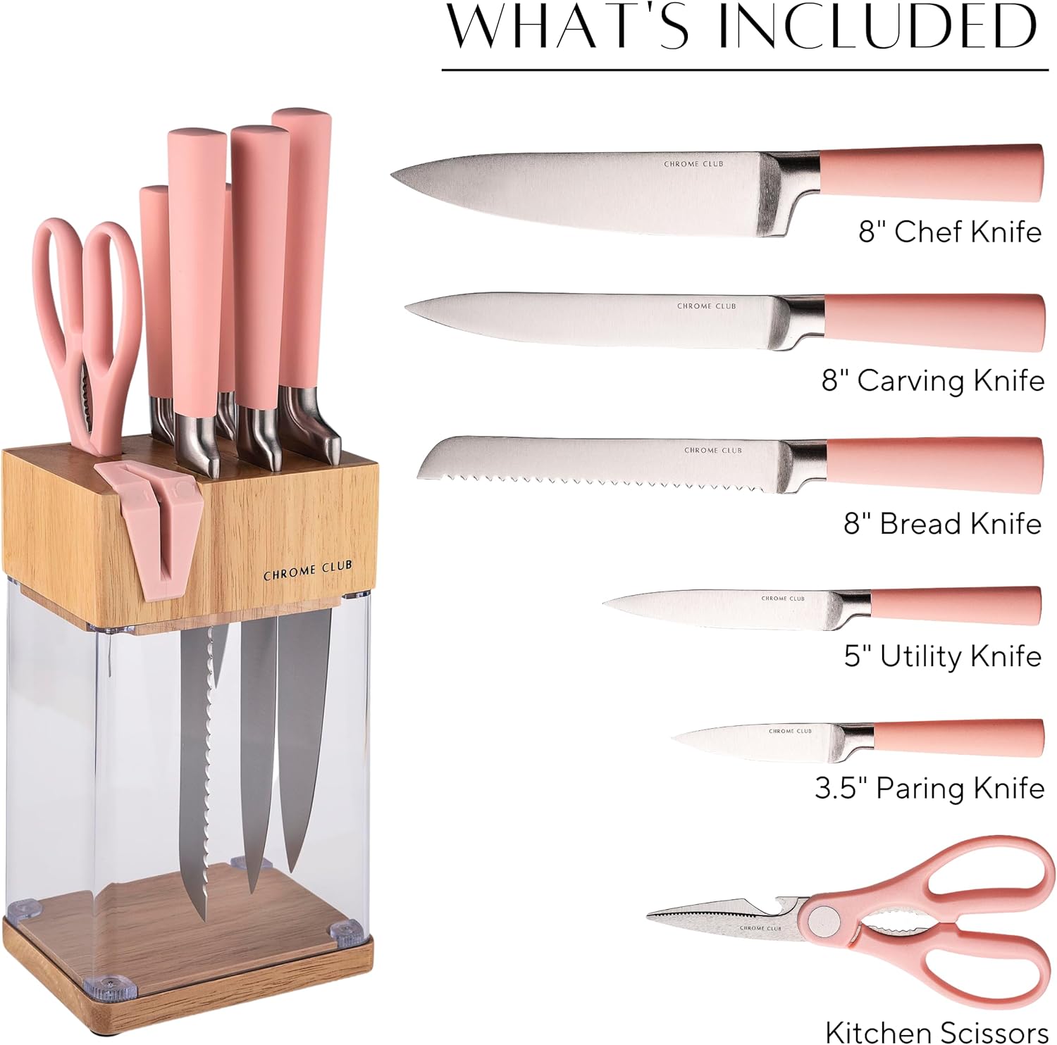 Σετ ροζ μαχαιριών με μπλοκ - Σετ 7 ροζ μαχαιριών κουζίνας με ανθεκτικό διάφανο μπλοκ μαχαιριών και ξύστρα - Ζωντανά ροζ μαχαίρια με ροζ ψαλίδι κουζίνας και μαντηλάκι καθαρισμού