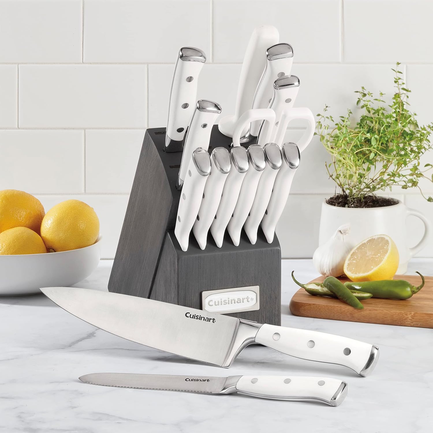 Cuisinart 15-Piece Knife Set with Block, High Carbon Stainless Steel, Forged Triple Rivet, White, C77WTR-15P