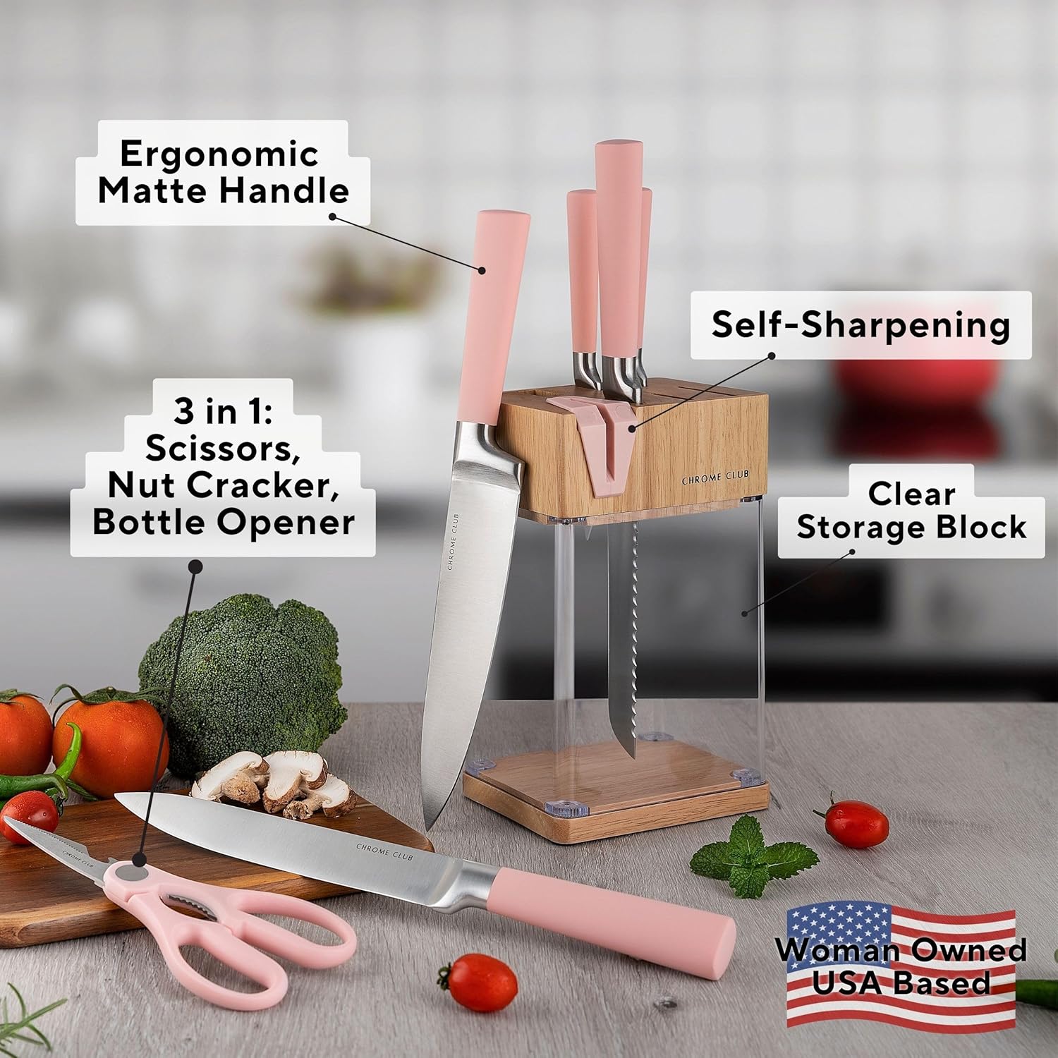 Σετ ροζ μαχαιριών με μπλοκ - Σετ 7 ροζ μαχαιριών κουζίνας με ανθεκτικό διάφανο μπλοκ μαχαιριών και ξύστρα - Ζωντανά ροζ μαχαίρια με ροζ ψαλίδι κουζίνας και μαντηλάκι καθαρισμού