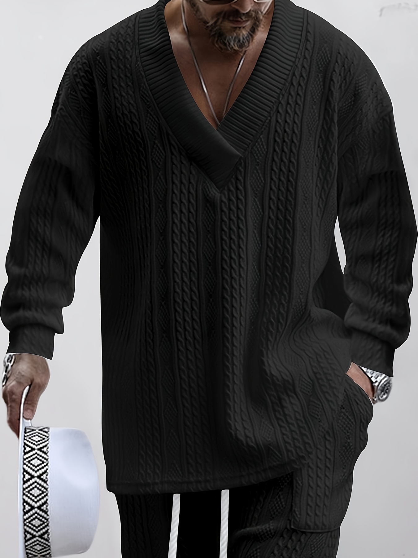 Πουλόβερ με πλεκτό καλώδιο από βαμβάκι, άνετο ζεστό ελαφρώς τεντωμένο πουλόβερ V για άνδρες, φθινόπωρο χειμώνα