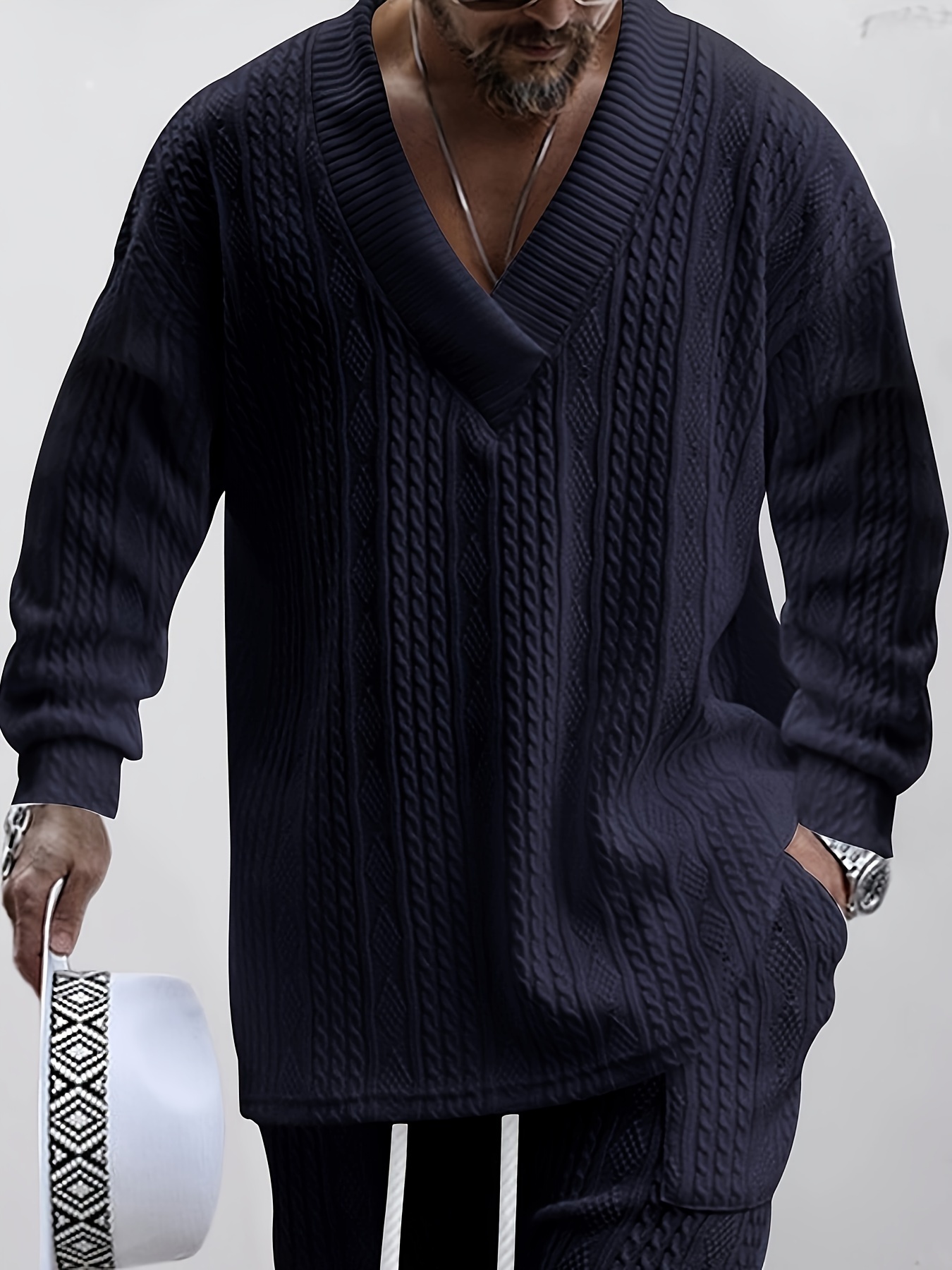 Πουλόβερ με πλεκτό καλώδιο από βαμβάκι, άνετο ζεστό ελαφρώς τεντωμένο πουλόβερ V για άνδρες, φθινόπωρο χειμώνα